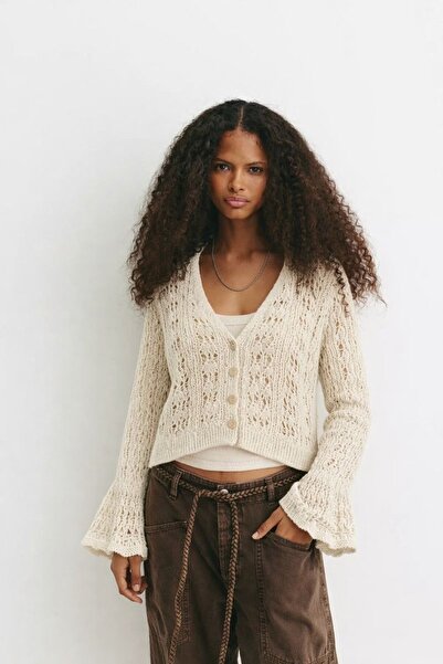 HAKKE Ajurlu V Yaka Düğmeli Kadın Triko HIRKA