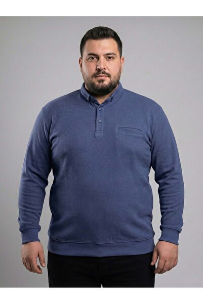 TANİŞ GİYİM Plus Size Solid Color Polo Neck Sweat Sweatshirt
