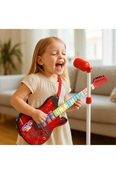 LEAN Electric Guitar with Stand and Microphone, Battery Powered, Red
