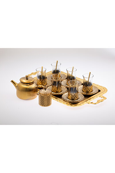 sultaneh Hediyelik & Lüks Titanyum Altın Renk Çay Seti - Tepsili Demlikli 6 k...
