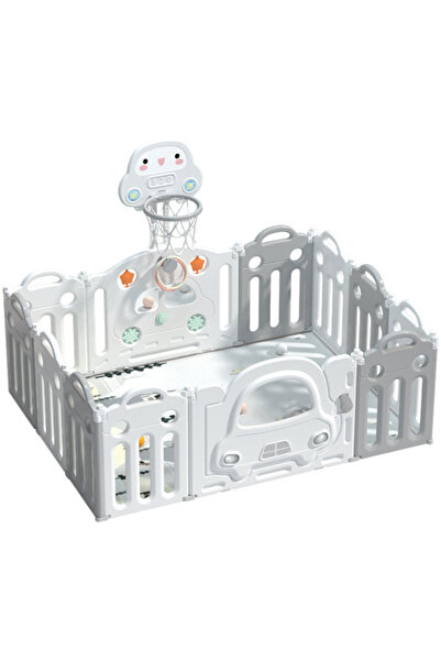 LITTLE ANGEL حظيرة لعب للأطفال مع طوق كرة سلة وسياج - رمادي