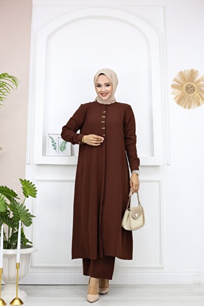 Elif Artar طقم بنطلون تونيك نسائي بياقة حكيم مع تفاصيل أزرار - تصميم أنيق ومريح