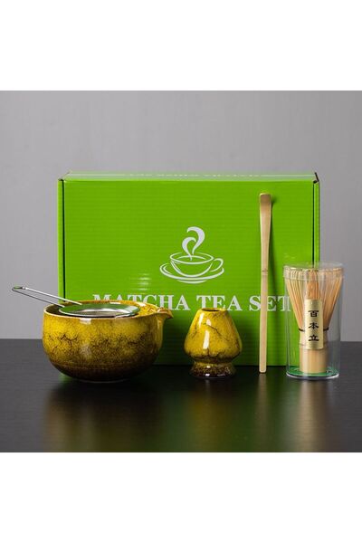 Generic 6pcs Yellow Heart Decal Ceramic Matcha Set Includes Bowl, Whisk, Hold...