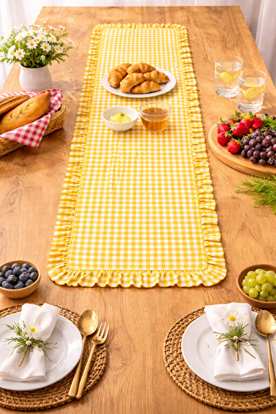 ŞAH TEXTILE DESIGN Sarı pötikareli firfir detay runner 40x110