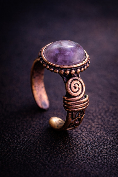 İyyaKee Kadın Bakır Yüzük Doğal Ametist Taşlı El İşçiliği Otantik Model Saf B...