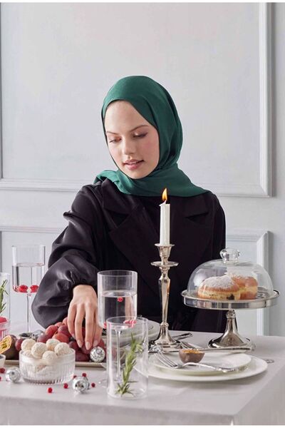 gül sezgin butik Women's Pine Green Satin Janjan Evening Dress with Shawl