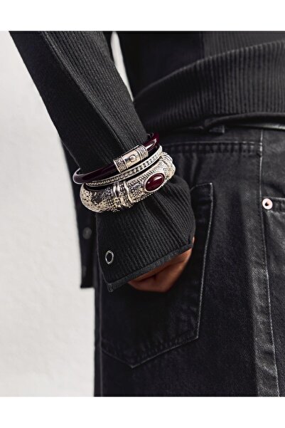 STAİNLES Burgundy Detailed 3-Piece Combination Bracelet Set