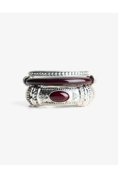 STAİNLES Burgundy Detailed 3-Piece Combination Bracelet Set