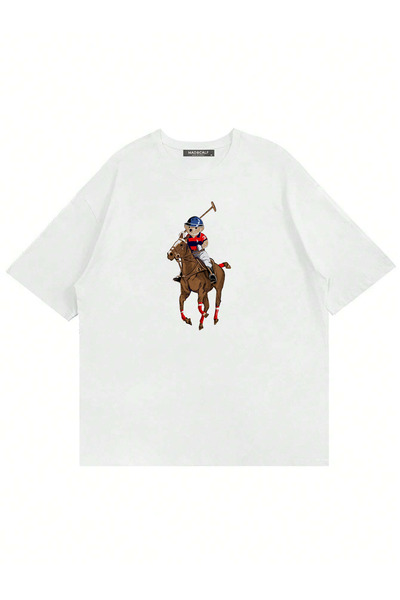 Mad&Calf Unisex Teddy Cowboy Printed Crew Neck Oversized Tshirt