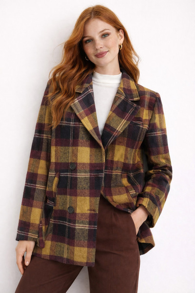 Foola Moda Klasik ve Şık: Kareli Kruvaze Yünlü Blazer Ceket - Vintage Stil