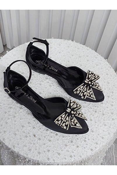 Almera's Shoes Black Satin Stone Bow Ballerina Ballet Shoes