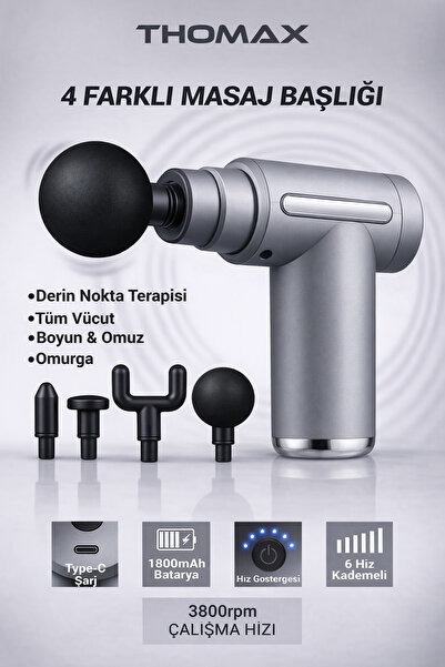 THOMAX Profesyonel Şarjlı Darbeli Masaj Tabancası Masaj Aleti 4 Başlıklı 6 Ka...