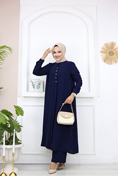 Elif Artar طقم بنطلون تونيك نسائي بياقة حكيم مع تفاصيل أزرار - تصميم أنيق ومريح