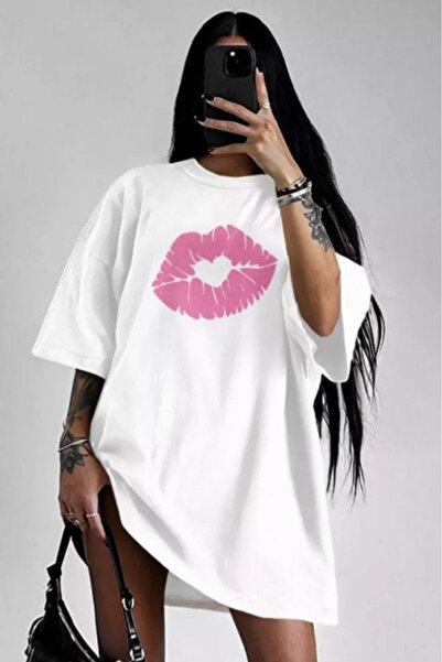 New Shine تي شيرت للجنسين مطبوع عليه الشفاه الوردية