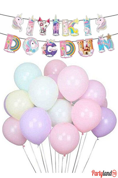 PartylandTR Makaron 12 Balon Unicorn Temalı İyi Ki Doğdun 3D Banner