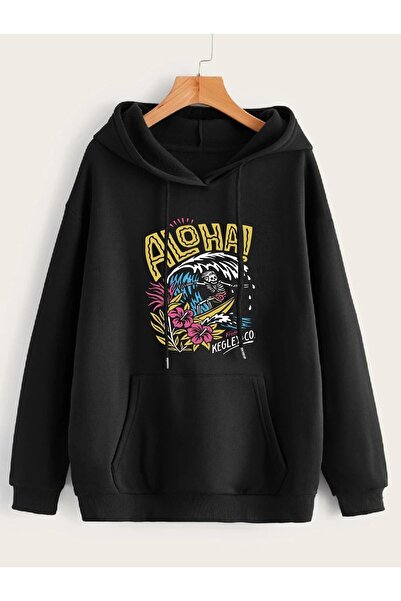 my feminen هوديي للجنسين بتصميم بسيط مطبوع بغطاء رأس جيب قصة فضفاضة سويت شيرت...