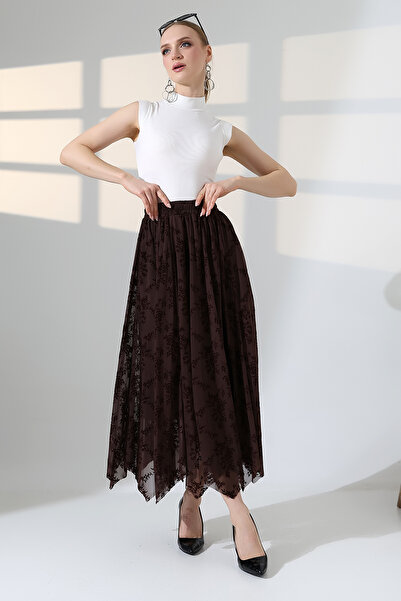 lubiti Flok Printed Long Tulle Skirt/Asymmetrical Cut and Lined