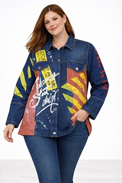 Şans Жіночий великий розмір, синій, з принтом, без підкладки, джинсова куртка