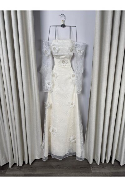 Sondos Fashion "Orchid" white evening dress with lace details and prominent r...