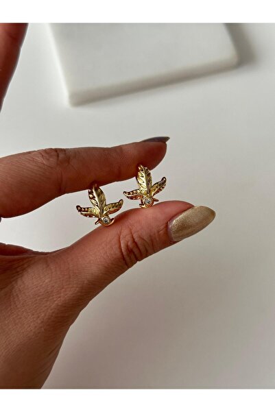 AlminaMia Women's Gold Color Minimal Earrings with Gold Stone Leaf Figure