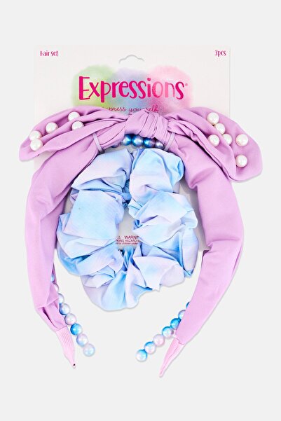 Expressions Kids Girl 3 Pieces Beaded Head Band With Scrunchie Set, Multicolor