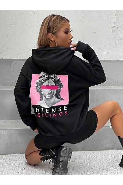 my feminen هوديي للجنسين بتصميم بسيط مطبوع بغطاء رأس جيب قصة فضفاضة سويت شيرت...