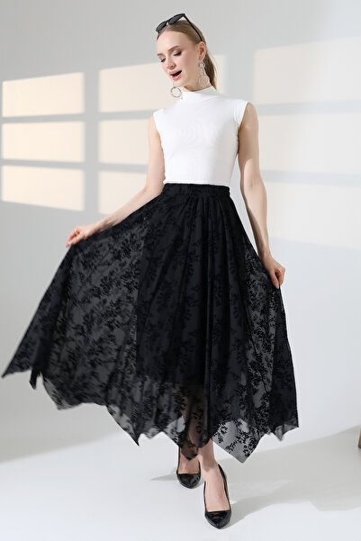 lubiti Flok Printed Long Tulle Skirt/Asymmetrical Cut and Lined