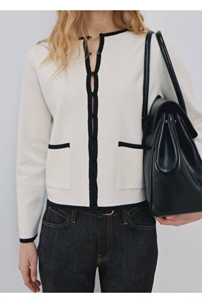 MANGO Woman Kontrast şeritli triko ceket