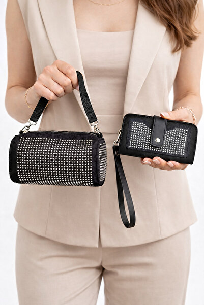 MOLDİVA Kadın Taşlı El ve Omuz Çantası ve Cüzdan Kombin, Zincir Askılı Taşlı ...