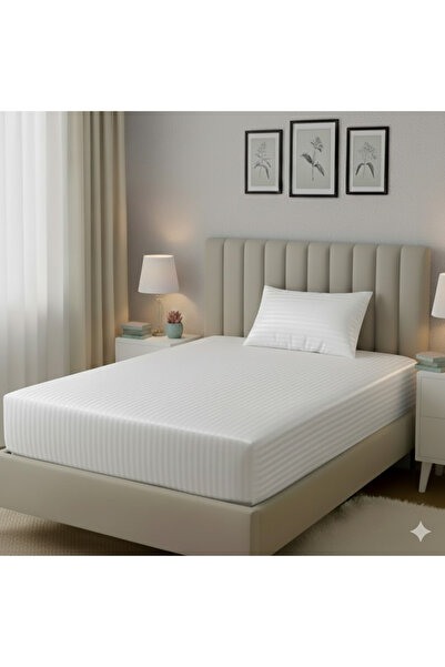 Alpateks Home Single White 100% Cotton Striped Satin Fitted Sheet Set