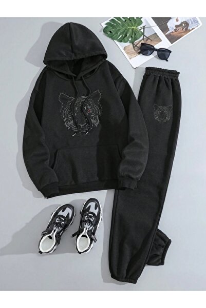my feminen Unisex Men's Tiger Printed Oversize Sweatshirt Bottom Top Set