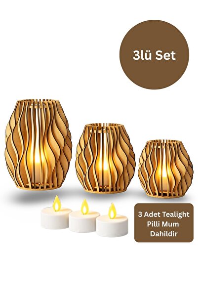 ALGWOOD Lazer Kesim MDF Dekoratif Masa Lambası – Dalga Desenli | 3’lü Set | P...