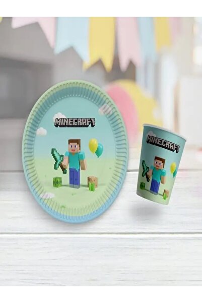 partyy bag Minecraft Temalı Karton Tabak Bardak Set 8 Tabak 8 Bardak