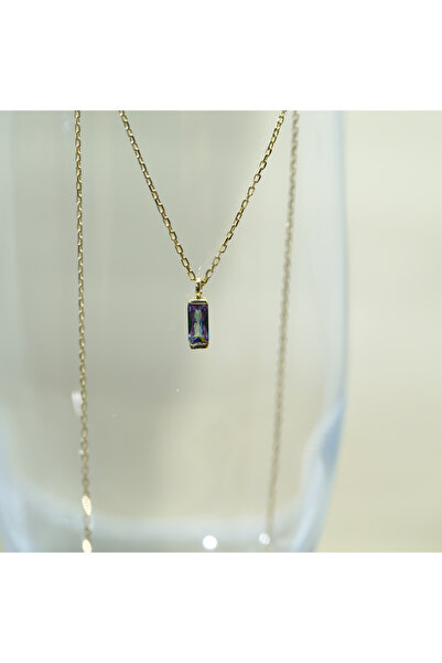 FasekGold Baget Tektaş Kolye-Mistik Topaz(AleksandIt)Gümüş Baget Kolye