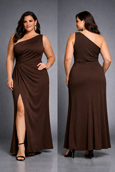 Nsb Tasarım Büyük Beden Tek Omuz Drapeli Maxi Elbise