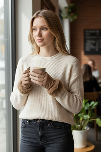 LOVE Kadın deri eldiven bileği kürklü- vizon rengi