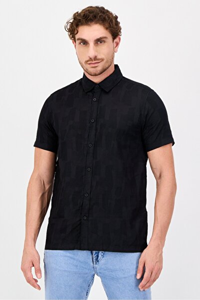 Threadbare Men Regular Fit Textured Short Sleeve Casual Shirt, Black