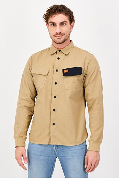Caterpillar Men Regular Fit Long Sleeve Textured Casual Shirt, Tan
