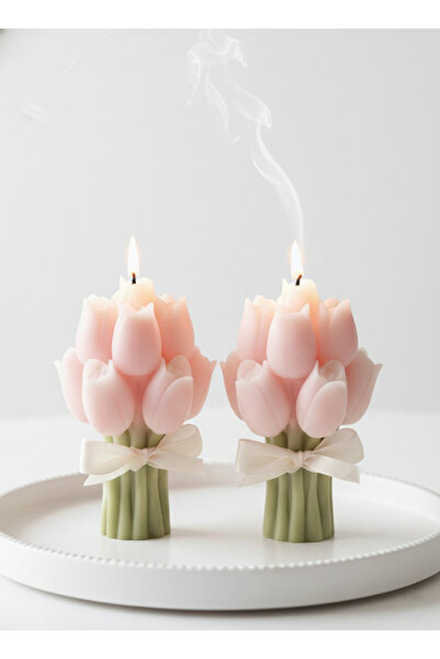 Roseline 2li Dekoratif hediyelik çiçekli Lale mum