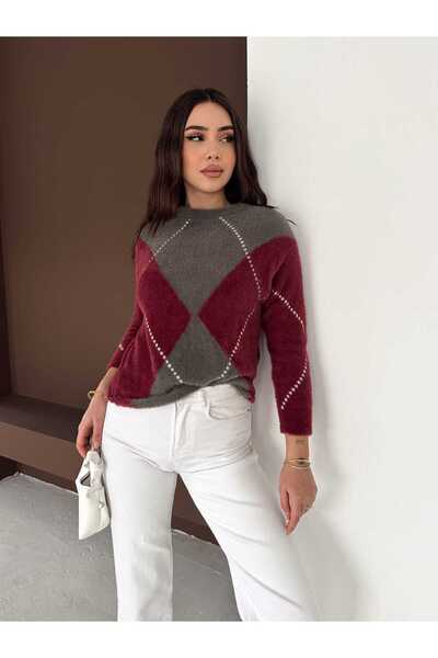LAVRE Women's Burgundy Gray Argyle Patterned Fuzzy Soft Bearded Knitwear Sweater