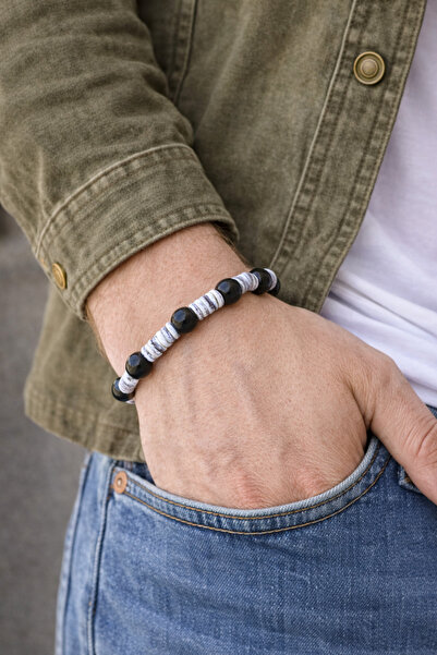 Handmade Siyah - Gri Siyah Doğal Taş Erkek Bileklik
