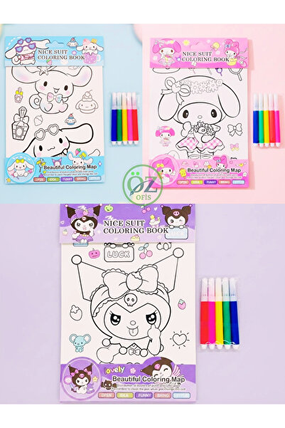 ÖZ OFİS Kuromi My Melody Cinnamoroll Sanrio 12'li Örnekli Boyama Kartları 5'l...