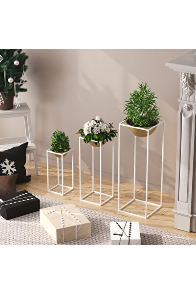 MOİRA Dekoratif Siyah Bakır,Metal Saksılık 3'lü Set Modern Ayaklı Beyaz Çiçek...
