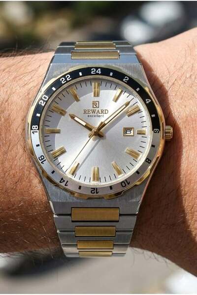 Reward ساعة يد رجالية عصرية |   حافظة فولاذية مقاس 42 ملم، سوار فولاذي ذهبي و...
