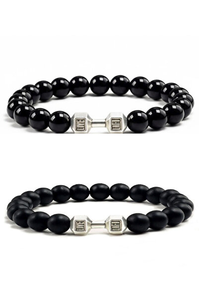 Kusakli Set of 2 Shiny Matte Onyx Dumbell Live Lift Athlete Men's Bracelet