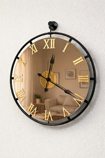 Mgs DUVAR SAATİ -WOODY BLACK BRONZ AYNALI GOLD ROMA RAKAMLI DUVAR SAATİ