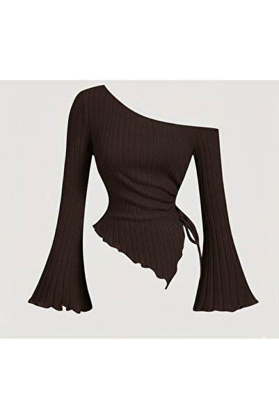 NO BRAND Kadın Kahverengi Asimetrik İspanyol Kol Büzgü Detaylı Triko Bluz