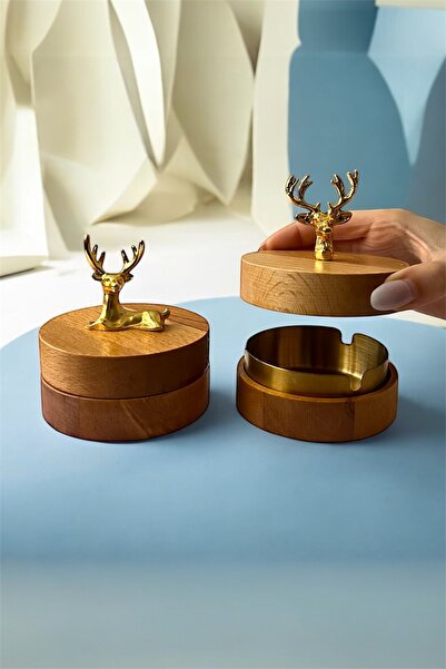 GİSVOL 2Li Set Kapaklı Ahşap Geyik Figürlü Metal İç Haznli Dekoratif Küllük M...