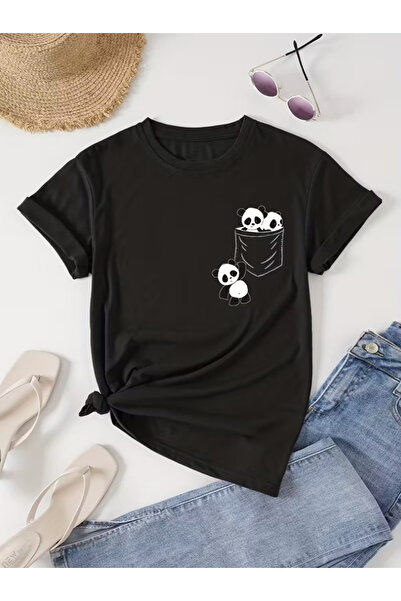 gencerco Unisex Cute Pandas Pocket Design Basic Regular T-Shirt