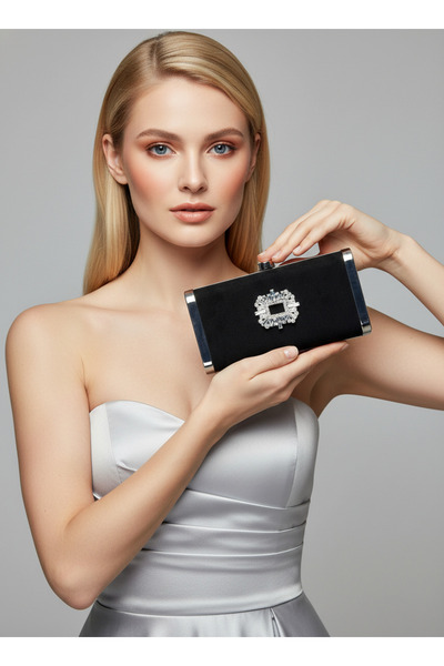 Biçanta Black Silver Luxury Suede Crystal Stone Metal Case Stone Handle Eveni...